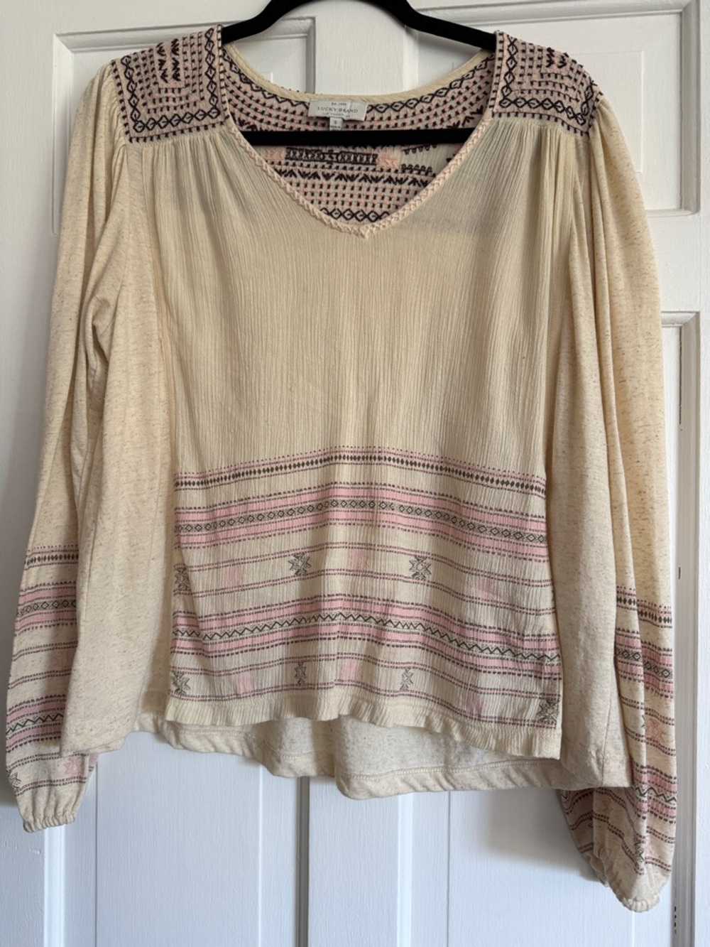 Lucky Brand  Cream with brown and pink Embroidered Boho Long-Sleeve Top